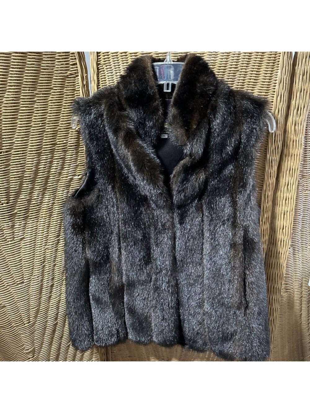DONNA SALYERS FABULOUS-FURS Lined MINK FAUX FUR Brown POCKETS Hook & Eye VEST Sm